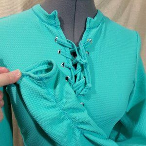 New Lace up Henley T-shirt Top XS Mint Green Bullet texture fabric Ruched sleeve